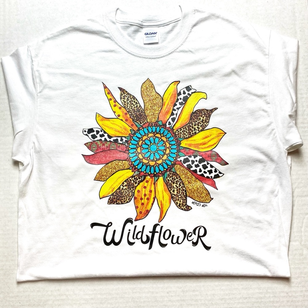Wildflowers colorful white tee. Graphic Tshirt.